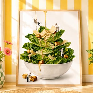 May include: A framed wall art print depicting a large white bowl filled with green romaine lettuce, croutons, and parmesan cheese shavings. Miniature chefs are shown interacting with the salad, including one rappelling down from a stream of dressing.