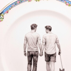 Vintage Gay Couple Decorative Plate, Queer Wall Decor, Two Men Holding Hands with Frenchie, Floral Display Plate