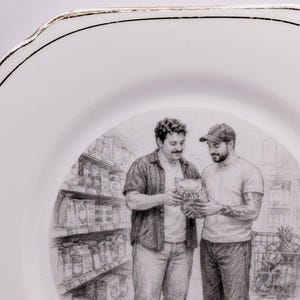 Vintage Decorative Plate with Gay Queer Art, Two Men Shopping Decal, White Gold Trim Wall Decor