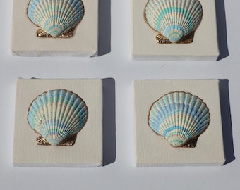 Mist & Tide Minis | 4 Original Mini Shell Art Pieces | Neutral Coastal Decor | Ivory Taupe Blue Artwork | Gold Accented Beach House Art