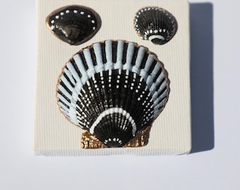 Night Harbor Mini No. 1 | Original Hand-Painted Shell Art | Black White Gold Coastal Nautical Decor