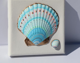 Saltwater Social Mini No. 2 | 4x4 Shell Art | Pink Periwinkle Teal Coastal Decor | Gold Nautical Artwork | Modern Beach House Art