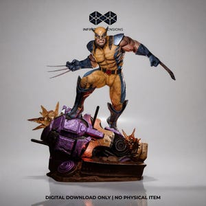 May include: A detailed figurine of Wolverine in his classic yellow and blue costume, posed dynamically with claws extended. The figure stands atop a damaged, purple and gold mechanical base. The image includes the text "DIGITAL DOWNLOAD ONLY | NO PHYSICAL ITEM".