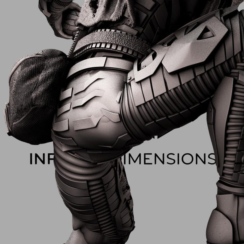 Peut inclure: Image monochrome d'une jambe et d'une hanche blind&eacute;es futuristes, avec des panneaux et un design segment&eacute; complexes. Le texte "INF DIMENSIONS" est visible. L'armure semble &ecirc;tre faite d'un mat&eacute;riau m&eacute;tallique rigide, avec une surface textur&eacute;e.
