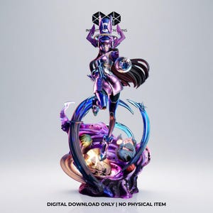 May include: A detailed statue of a female figure in a futuristic outfit, with a large headpiece and holding a glowing orb. The figure is posed dynamically on a swirling, colorful base with the text "DIGITAL DOWNLOAD ONLY | NO PHYSICAL ITEM".