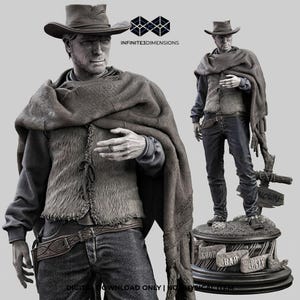 Peut inclure: Statue en niveaux de gris d'une figurine de cow-boy, portant un chapeau, un poncho et un gilet. La figurine tient un accessoire et se tient sur une base avec le texte "The Good, The Bad, The Ugly". L'image comprend le texte "INFINITE3DIMENSIONS".