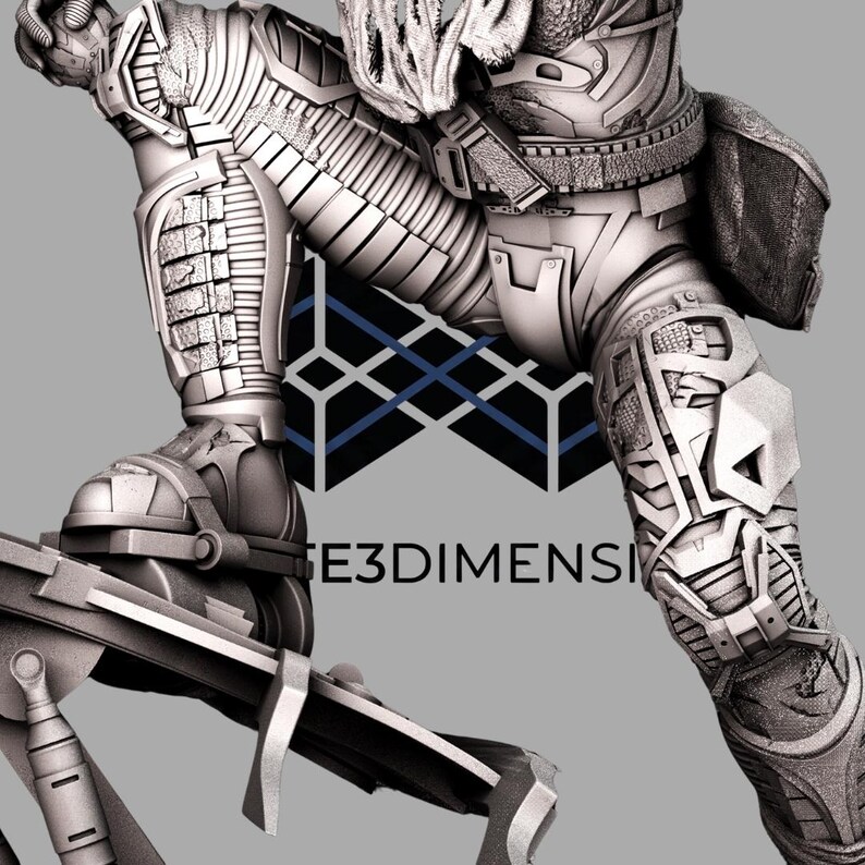 Peut inclure: Image en niveaux de gris d'une jambe et d'un pied blind&eacute;s futuristes en 3D. L'armure pr&eacute;sente des panneaux complexes, des rivets et des motifs g&eacute;om&eacute;triques. Le texte "E3DIMENSI" est visible.