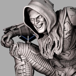 Peut inclure: Sculpture en niveaux de gris d'un personnage souriant de mani&egrave;re sinistre, portant une capuche d&eacute;chir&eacute;e et une armure. La figurine est &agrave; genoux, tenant un objet sph&eacute;rique, avec des d&eacute;tails complexes sur l'armure et les v&ecirc;tements.
