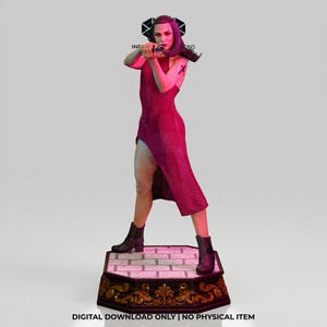 May include: A figurine of a woman in a red dress holding a gun, standing on a decorative base. The base has a brick pattern and gold accents. The text "DIGITAL DOWNLOAD ONLY | NO PHYSICAL ITEM" is at the bottom.