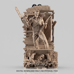 May include: A detailed sculpture of a character from "Evil Dead 2" holding a chainsaw and a shotgun, set against a backdrop of a dilapidated wooden structure. The sculpture features a screaming zombie emerging from a wooden box. The text "EVIL DEAD 2 DEAD BY DAWN" is visible.