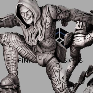 Peut inclure: Sculpture en niveaux de gris d'un personnage en costume &agrave; capuche, avec une armure d&eacute;taill&eacute;e et un sourire sinistre. La figurine est dans une pose dynamique, sugg&eacute;rant l'action. Le mot "FIN" est visible sur la jambe de la figurine.