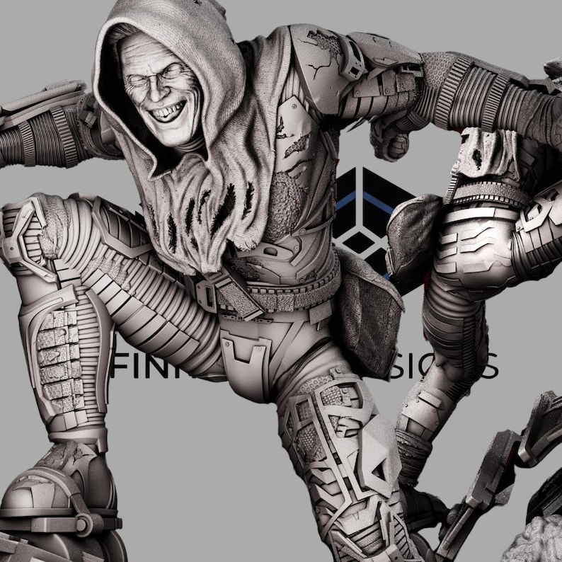 Peut inclure: Sculpture en niveaux de gris d'un personnage en costume &agrave; capuche, avec une armure d&eacute;taill&eacute;e et un sourire sinistre. La figurine est dans une pose dynamique, sugg&eacute;rant l'action. Le mot "FIN" est visible sur la jambe de la figurine.