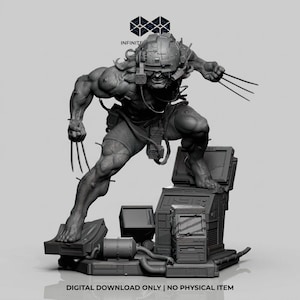 以下が含まれることがあります： 金属の爪を持つ筋肉質なフィギュアのグレースケール3Dモデル。ヘルメットとショートパンツを着用し、ダイナミックにポーズをとっています。フィギュアは、スクリーンとパイプを備えた未来的なプラットフォームに立っています。下部のテキストは「デジタルダウンロードのみ|物理的なアイテムはありません」と表示されています。