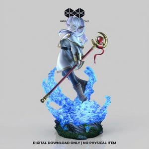 May include: A digital download of a fantasy figurine. The figurine depicts a character with white hair, wearing a white and gold outfit, and holding a staff with a red gem. The character stands on a blue flame base. Text at the bottom reads: DIGITAL DOWNLOAD ONLY | NO PHYSICAL ITEM.