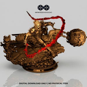 May include: A bronze-colored sculpture of a character riding a motorcycle, with a flaming skull head and red chain. The sculpture is detailed with skulls and spikes. Text at the bottom reads "DIGITAL DOWNLOAD ONLY | NO PHYSICAL ITEM."