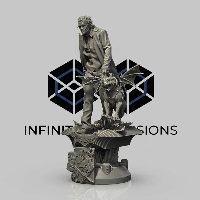 Op de afbeelding: Een grijs beeld van een figuur in een lange jas die een riem vasthoudt die vastzit aan een gevleugeld hondachtig wezen. Het beeld staat op een voetstuk met een schild en zwaard embleem. De tekst "INFINITE DIMENSIONS" is zichtbaar.