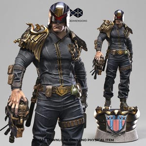 May include: A detailed statue of Judge Dredd in a dark blue uniform with gold accents, a helmet, and a stern expression. The figure is holding a helmet and a weapon. The base features a shield with red, white, and blue stripes.