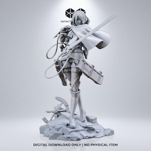 May include: A grey 3D-printed figurine of a female character from the anime series Attack on Titan, holding a sword. The figure is in a dynamic pose, wearing a cape and gear. The base is a rocky terrain. Text at the bottom reads: DIGITAL DOWNLOAD ONLY | NO PHYSICAL ITEM.