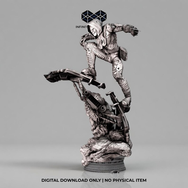 Peut inclure: Figurine d&eacute;taill&eacute;e en niveaux de gris d'un personnage en tenue futuriste, chevauchant un appareil semblable &agrave; un hoverboard. Le personnage est pos&eacute; de mani&egrave;re dynamique sur une base rocheuse. Le texte "DIGITAL DOWNLOAD ONLY | NO PHYSICAL ITEM" est en bas.