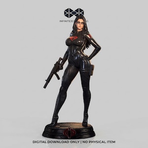 May include: A black figurine of a woman in a black bodysuit, holding a rifle. The figurine has a red emblem on the chest and is standing on a black base. The text "DIGITAL DOWNLOAD ONLY | NO PHYSICAL ITEM" is at the bottom.