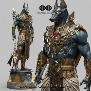 Könnte beinhalten: Detaillierte digitale Darstellung von Anubis, dem ägyptischen Gott. Die Figur, mit einem Schakalkopf und einem muskulösen menschlichen Körper, trägt goldene und weiße Gewänder. Die Statue hält einen Stab und steht auf einem detaillierten Sockel. Der Text "DIGITAL DOWNLOAD ONLY | NO PHYSICAL ITEM" ist sichtbar.