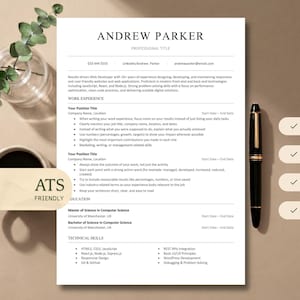 May include: A professional resume template with the name "Andrew Parker" at the top. The resume includes sections for work experience, education, and technical skills. A black pen rests on the right side of the resume. The words "ATS Optimized" are visible.