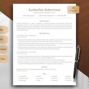 ATS Resume Template 2026 Word Google Docs | Elegant Gold Professional ATS Friendly Resume | Instant Download | Editable Software Engineer CV