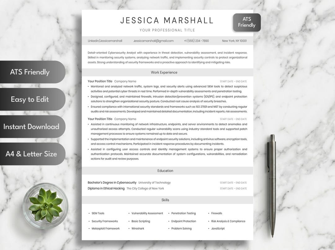 ATS Friendly Resume Template | Minimalist Cyber Security ATS Resume ...