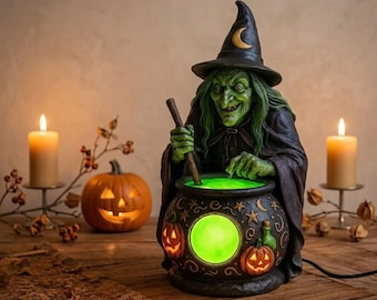 Hexenkessellampe | Halloween-Schreibtischdeko | Leuchtende Kürbislaterne | Gotischer Kaminsims-Akzent | Gruselige Heimdekoration
