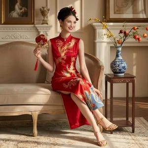phoenix red dress Red Embroidered Phoenix Wedding Bridal Cheongsam Qipao Dress IMALLURE M