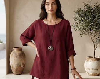 Italian Style Oversized Tunic Top | Loose Fit Women Blouse | Rolled Sleeve Summer Shirt