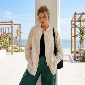 Camicia in cotone e lino stile Zen / Giacca retrò con bottoni a forma di rana cinese / Abbigliamento casual e per la cerimonia del tè