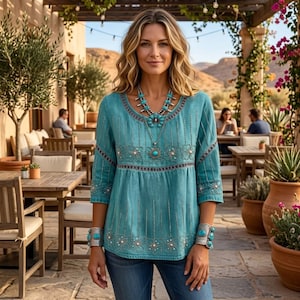 Camicetta boho con stampa paisley / Tunica colorata con scollo rotondo / Camicia hippie chic a maniche a 3/4 / Top casual estivo da festival per donna