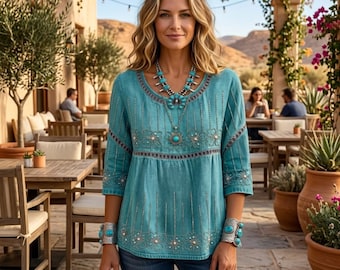 Boho Paisley Bluse | Bunte Rundhals Tunika Top | Hippie Chic 3/4 Arm Shirt | Lässiges Sommer Festival Top für Frauen