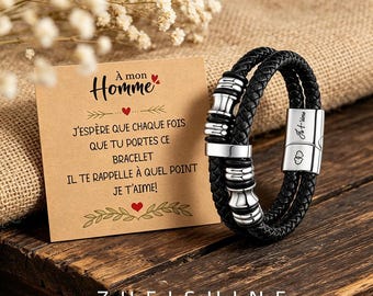 custom engraved steel leather bracelet for men personalized braided wristband with je t'aime card