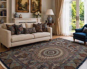 Alfombra persa con medallón de mandala azul gris, alfombra oriental geométrica floral tradicional, alfombra de lujo que marca la diferencia.