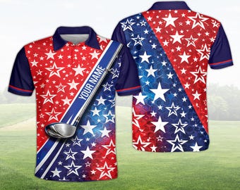Camisa de golf patriótica personalizada con nombre, polo con estrellas de la bandera de EE. UU. para hombres y mujeres, regalo de golf personalizado, camiseta de golf de alto rendimiento en rojo, blanco y azul.