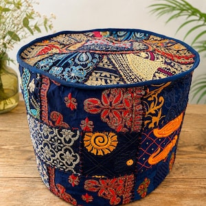 Handmade Indian Patchwork pouffe Pouf Ottoman Embroidered Floor Pillow Indigo Blue Cotton Footstool Vibrant Boho Home Decor