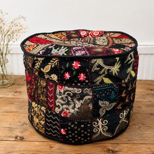 Handmade Indian Patchwork Pouffe pouf Ottoman Embroidered Floor Black Footstool Vibrant Boho Home Decor