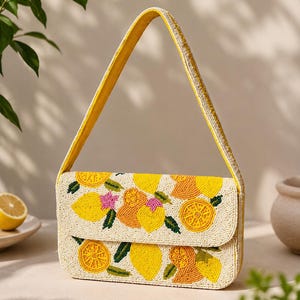 Handmade Lemon Beaded Shoulder Bag, White Seed Bead Citrus Purse, Summer Vacation Statement Bag
