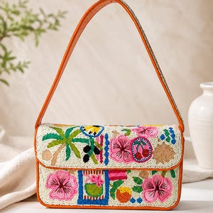 Handmade Floral Beaded Shoulder Bag | Colorful Artisan Statement Purse | Boho Style Handbag