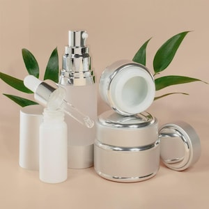 Silver Cosmetic Packaging | 10ml Dropper Bottle, 30ml Airless Bottle, 15ml Jar, 30ml Cream Jar | Empty Skincare Containers