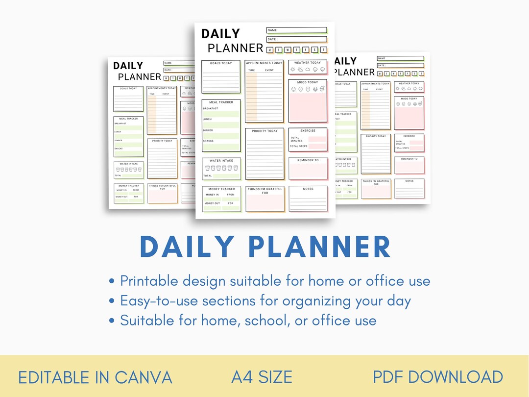 Daily Planner Template Canva Editable Printable PDF for Daily Use in ...