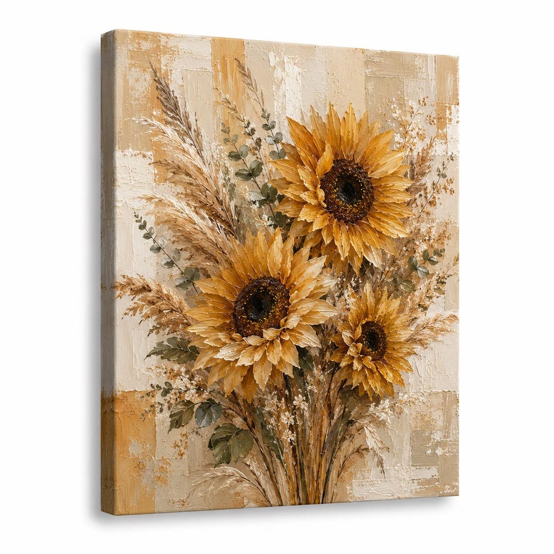 Textured Sunflower Canvas Art, Rustic Oil Painting Style, Farmhouse ...