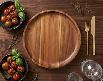 Acacia Wood Round Serving Tray, 20cm Natural Wooden Plate, Rustic Farmhouse Tableware
