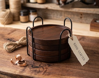 Wooden Drink Coasters with Holder: Absorbent Farmhouse Table Protection Set