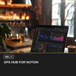 May include: A laptop displaying data visualizations, charts, and graphs. The screen shows a dashboard with various data points. The image includes the text "NSQ LAB" and "OPS HUB FOR NOTION" on a black background.