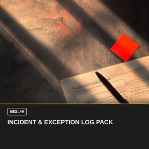 Puede incluir: Un bolígrafo descansa sobre un documento, junto a un pequeño cuadrado rojo. El fondo es una superficie oscura y texturizada con sombras. La imagen incluye el texto "INCIDENT & EXCEPTION LOG PACK" y "NSQ LAB".