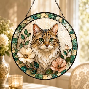 Könnte beinhalten: Ein runder Buntglas-Sonnenfänger mit einer braunen getigerten Katze in der Mitte, umgeben von weißen und rosa Blüten mit grünen Blättern. Der Rand besteht aus kleinen, texturierten türkisfarbenen und cremefarbenen Glasstücken.