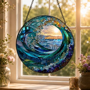 Attrape-soleil 3D en vitrail motif vagues océaniques, fait main, à suspendre à une fenêtre, cadeau idéal pour une maison de plage ou un séjour en bord de mer